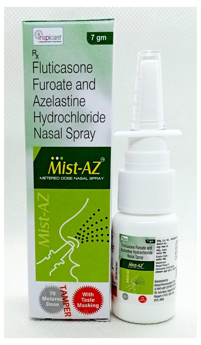 Mist-AZ Nasal Spray (Fluticasone Propionate (0.05% w/v) + Azelastine Hydrochloride (0.14% w/v) for seasonal and perennial allergies.
